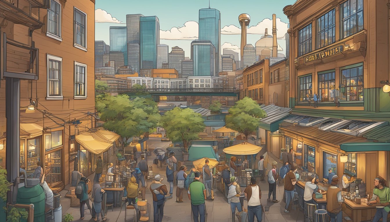 A bustling Portland brewery scene with diverse beer styles and iconic landmarks in the background