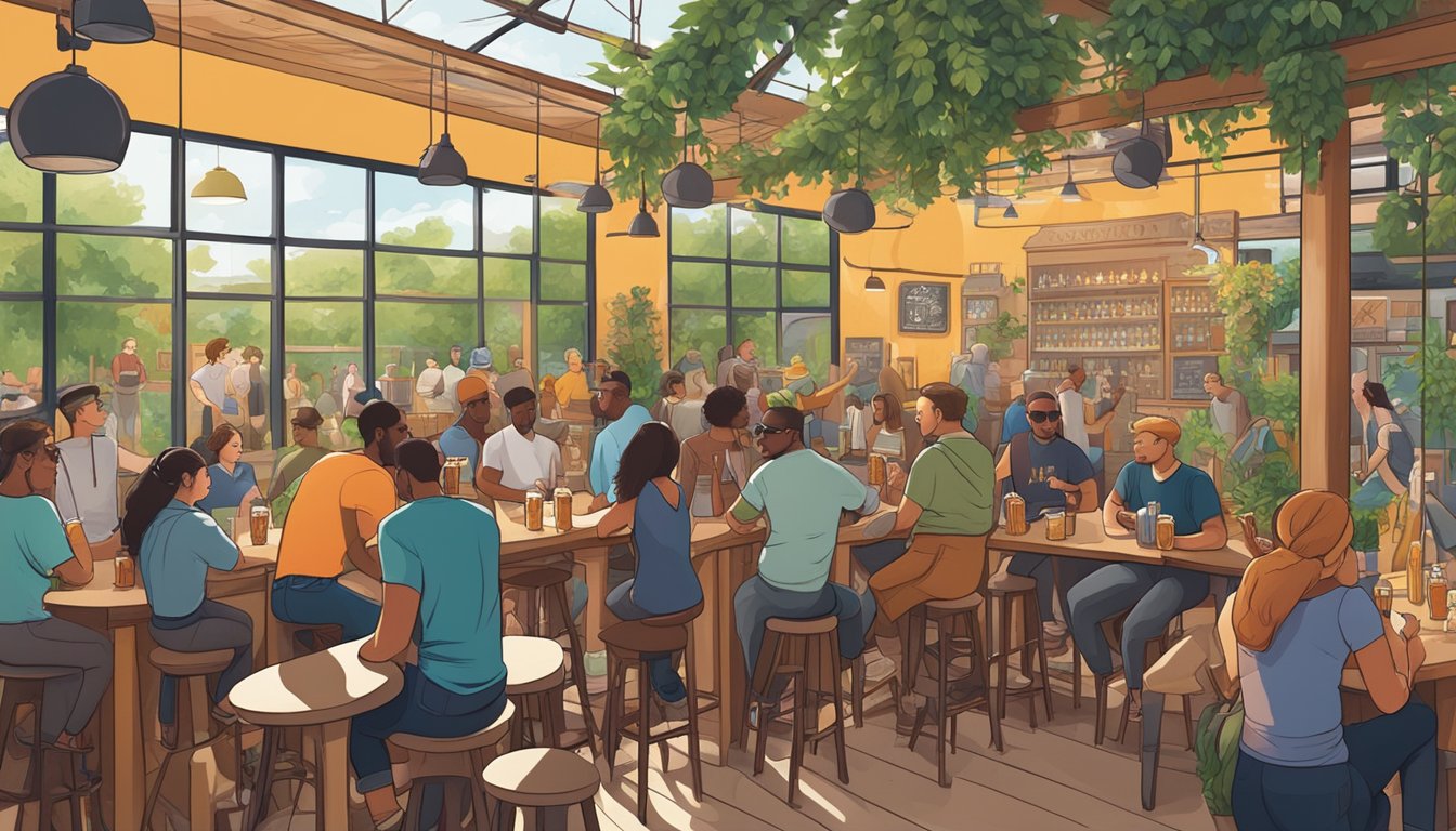 A bustling craft brewery with a diverse crowd enjoying pints, surrounded by vibrant murals and lush greenery