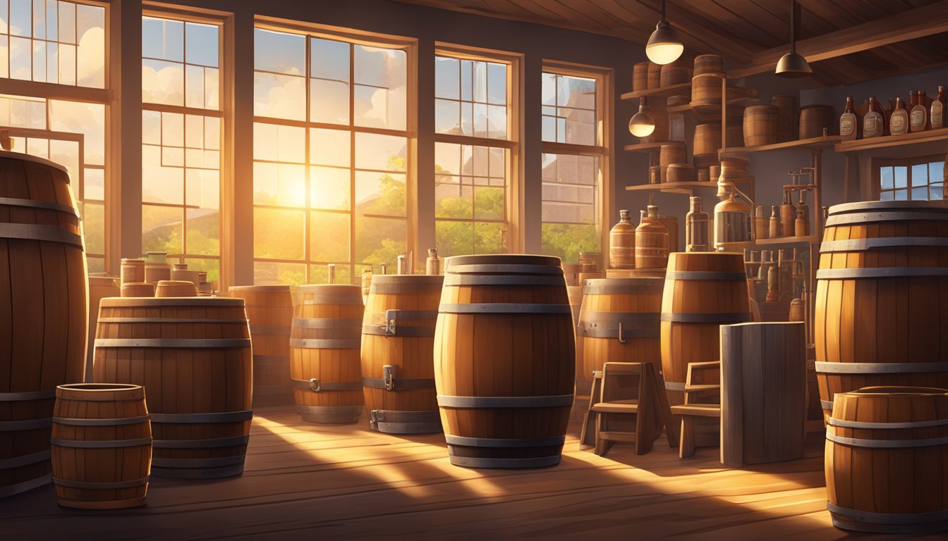 A rustic brewery with a copper brewing system, wooden barrels, and shelves filled with various beer ingredients and equipment. Sunlight streams in through large windows, casting a warm glow over the space