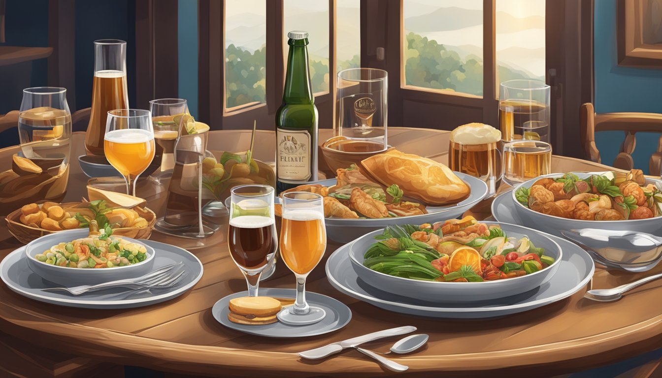 A table set with various gourmet dishes and local craft beers, with elegant glassware and decorative plating