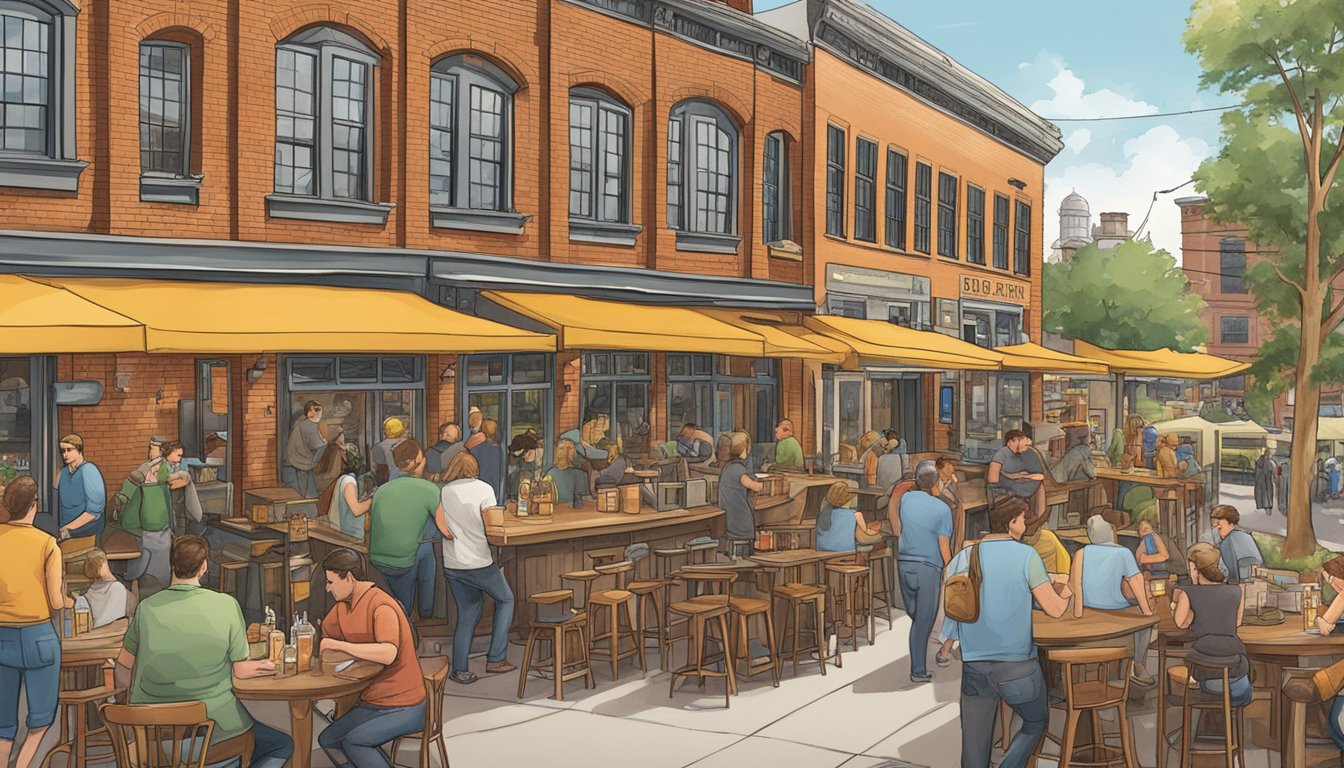 A bustling brewery scene with diverse beer styles, live music, and outdoor seating in the heart of Providence, RI