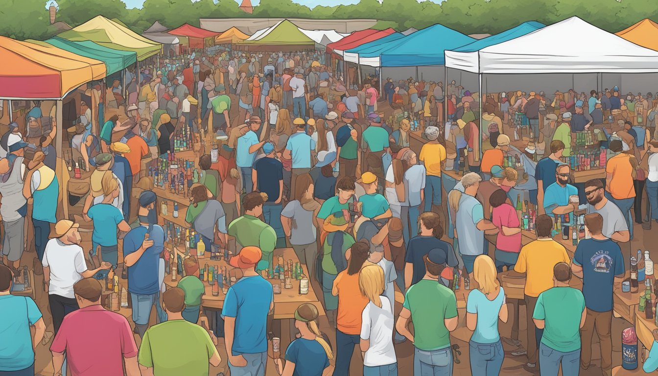 A bustling craft beer festival in Abilene, TX, with rows of colorful beer taps and eager patrons sampling the local brews