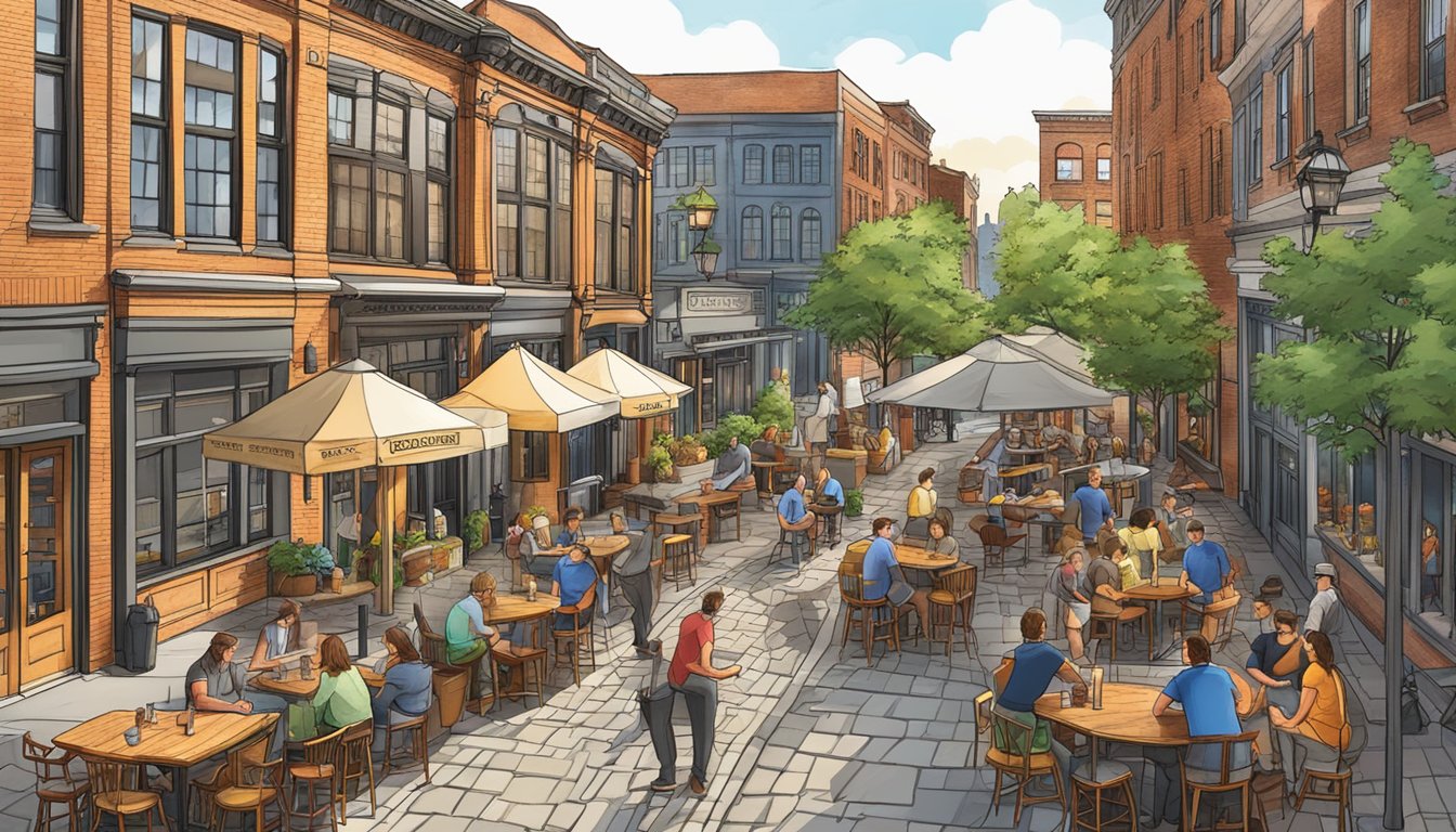 A bustling brewery district with colorful taprooms and outdoor seating, surrounded by historic architecture and cobblestone streets in Providence, RI