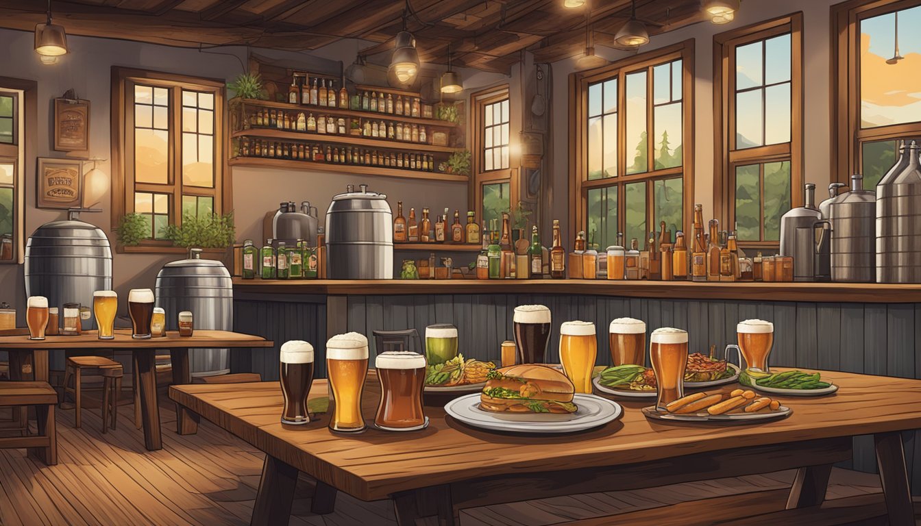 A rustic brewery setting with a variety of local craft beers displayed alongside plates of local cuisine