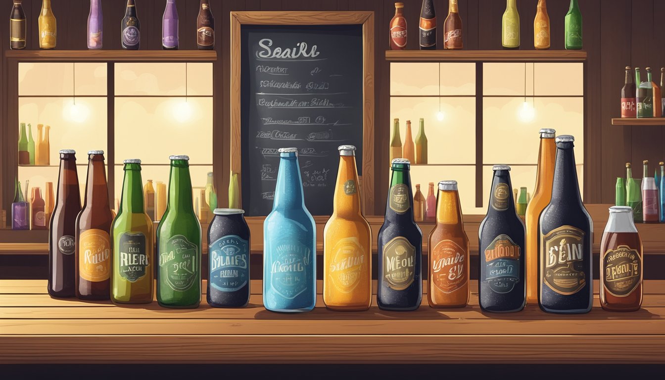 A row of colorful craft beer bottles and cans on a wooden bar, with a variety of glassware and a chalkboard menu in the background