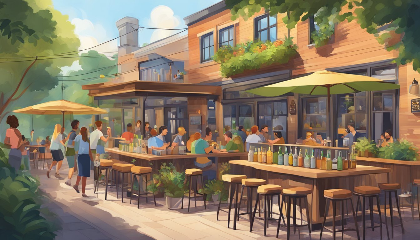 A bustling local brewery with colorful taps, friendly patrons, and a cozy outdoor seating area surrounded by lush greenery