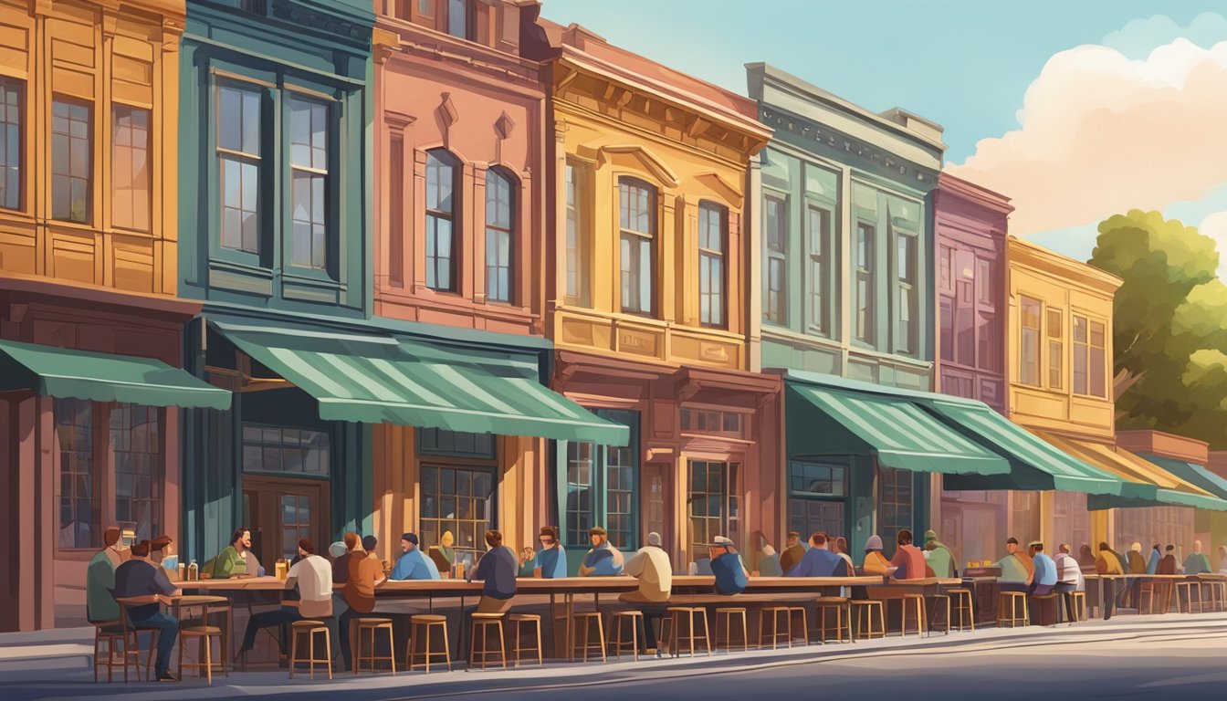 A row of colorful brewery buildings with outdoor seating and people enjoying craft beer