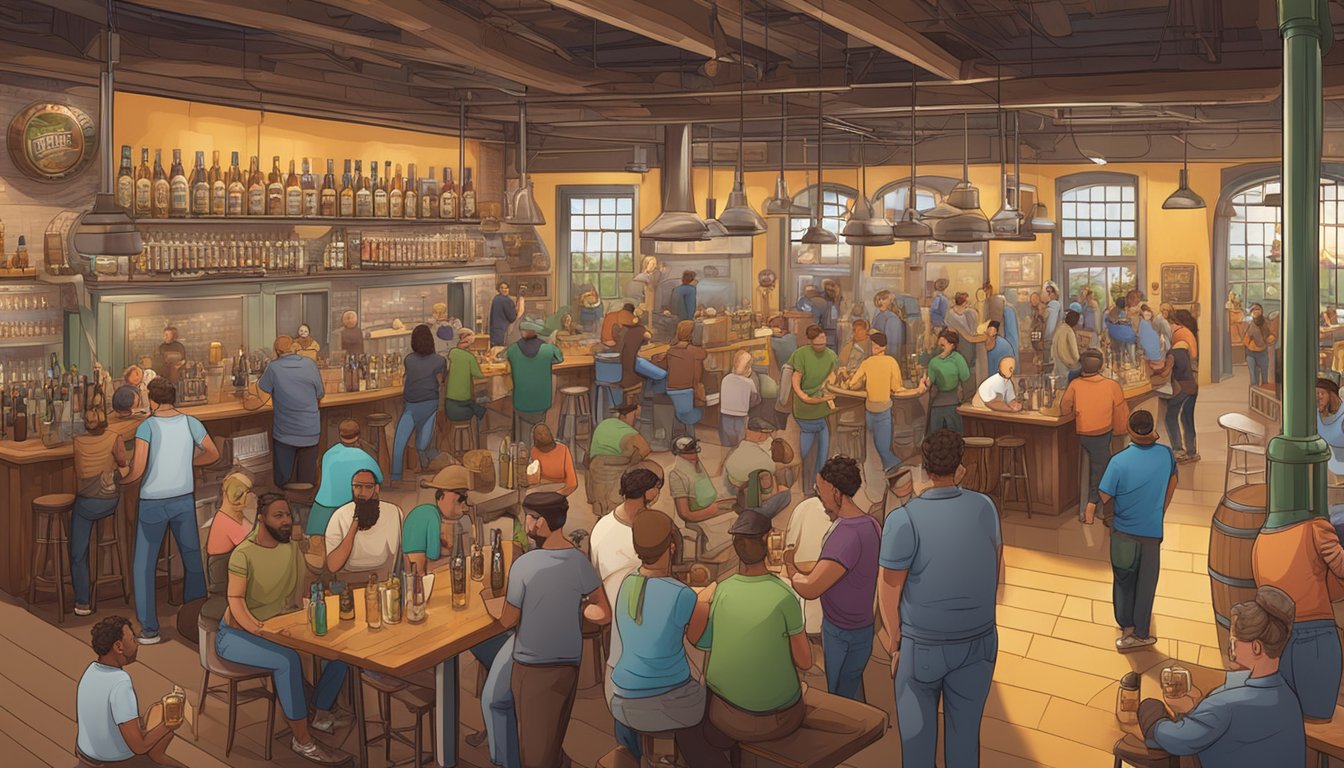 A bustling brewery scene with diverse beer styles and patrons enjoying tastings in a vibrant North Charleston taproom