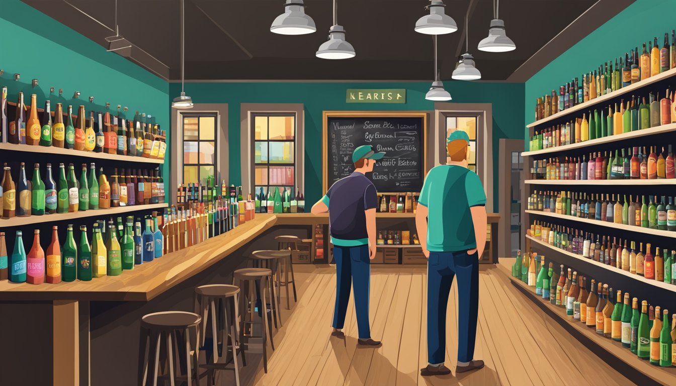 A bustling craft beer store with shelves lined with colorful bottles and a chalkboard listing local brews. Customers chat with the knowledgeable staff, sampling and selecting their favorite beers