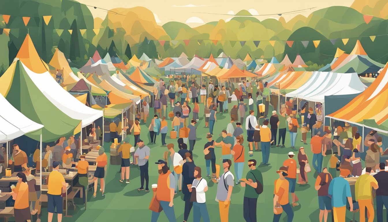 A bustling craft beer festival with rows of colorful tents and a crowd of people sampling and enjoying different types of beer