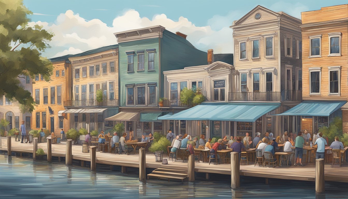 A bustling craft brewery scene in Charleston, with historic buildings and waterfront views. Patrons enjoy tastings and outdoor seating