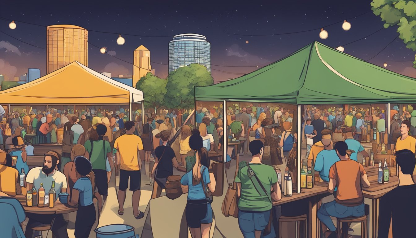 A bustling local craft beer festival with a variety of diverse drink options, including cider, mead, and specialty cocktails, set against the backdrop of Arlington, TX