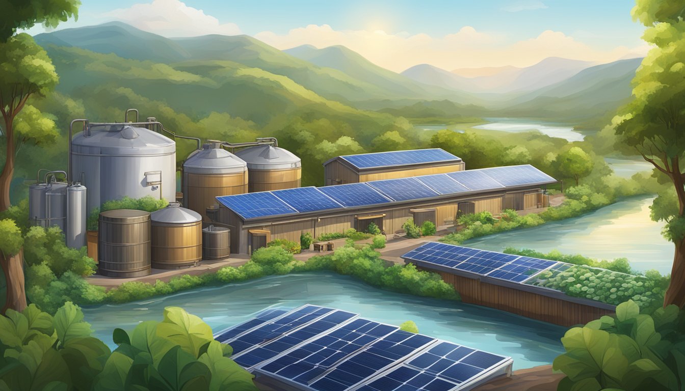 A brewery with solar panels and recycling bins, surrounded by lush greenery and a flowing river