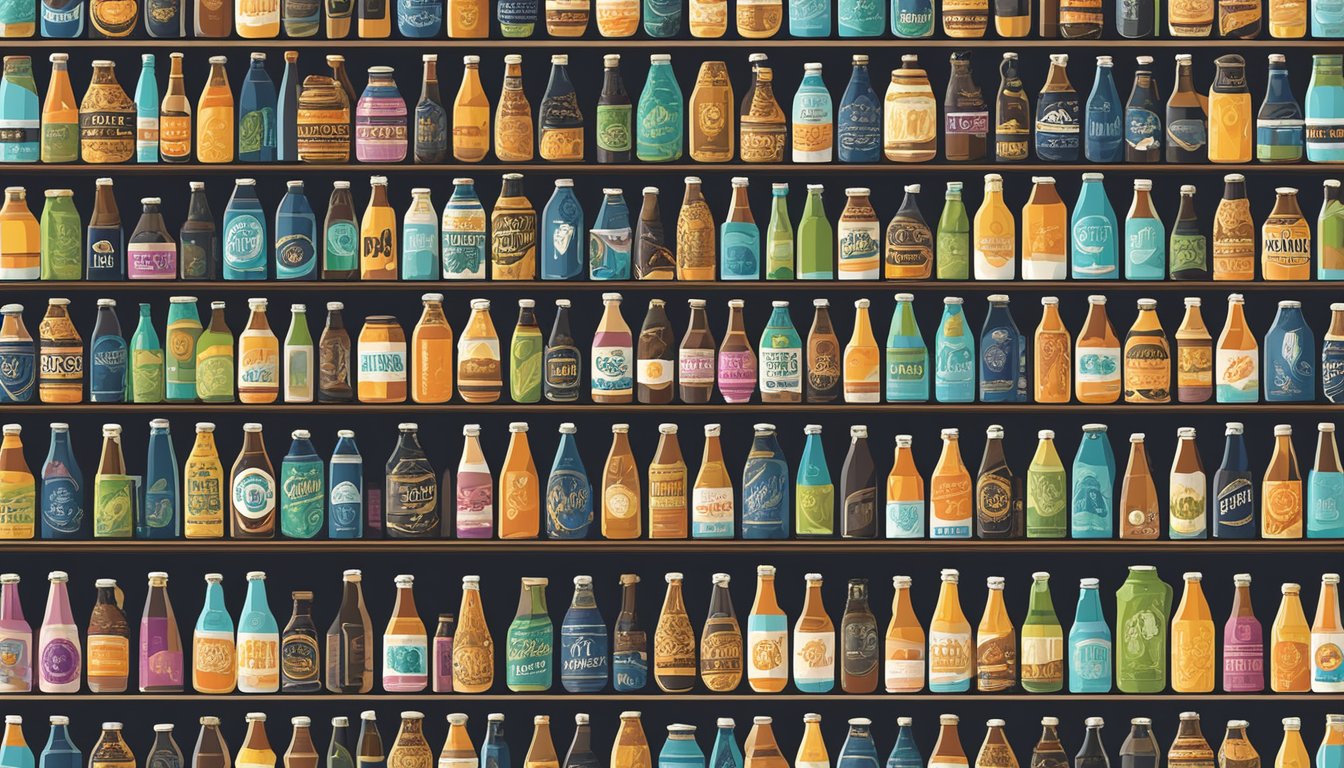 A row of colorful craft beer cans and bottles line a shelf, each with unique labels and designs, showcasing the signature brews and styles of Charleston, SC