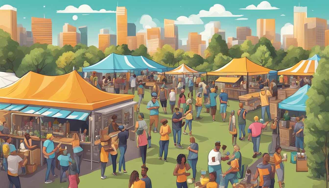 A bustling craft beer festival with a variety of unique brews, food trucks, and live music in a vibrant outdoor setting