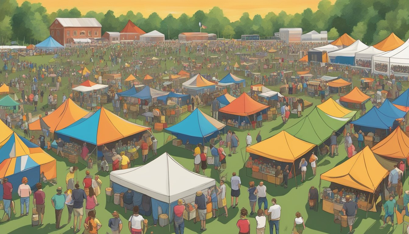 A bustling craft beer festival in Clarksville, TN, with rows of colorful tents, live music, and people sampling various local brews