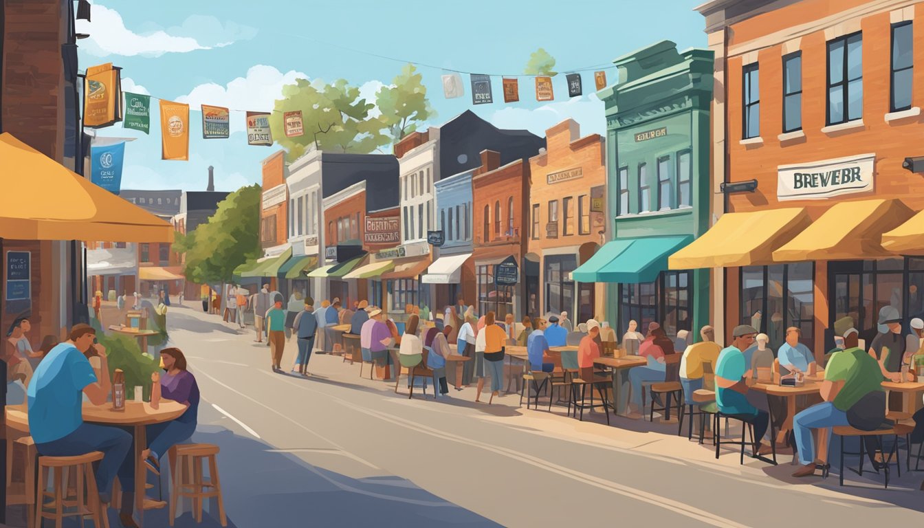 A bustling street lined with colorful brewery signs and outdoor seating, as people enjoy locally brewed craft beer in Clarksville, TN