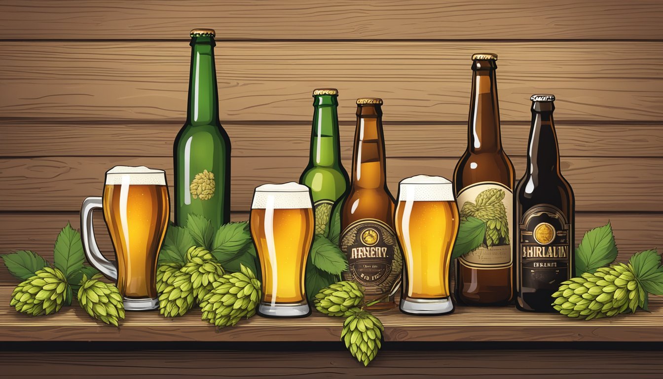 A group of craft beer bottles and glasses arranged on a rustic wooden table, with hops and barley scattered around