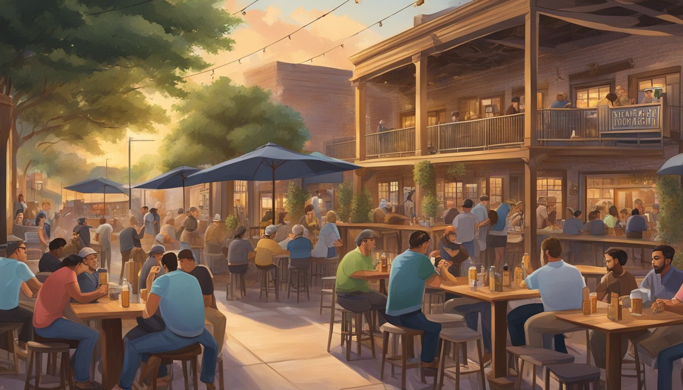 A bustling brewery scene with patrons enjoying craft beer, outdoor seating, and a lively atmosphere in Brownsville, TX