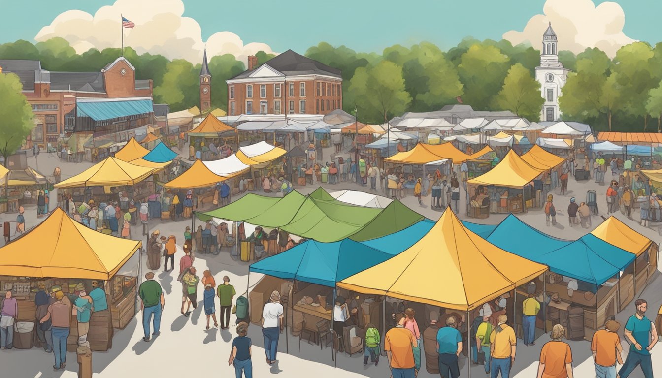 A bustling craft beer festival with colorful tents, live music, and people sampling various beers in downtown Clarksville, TN