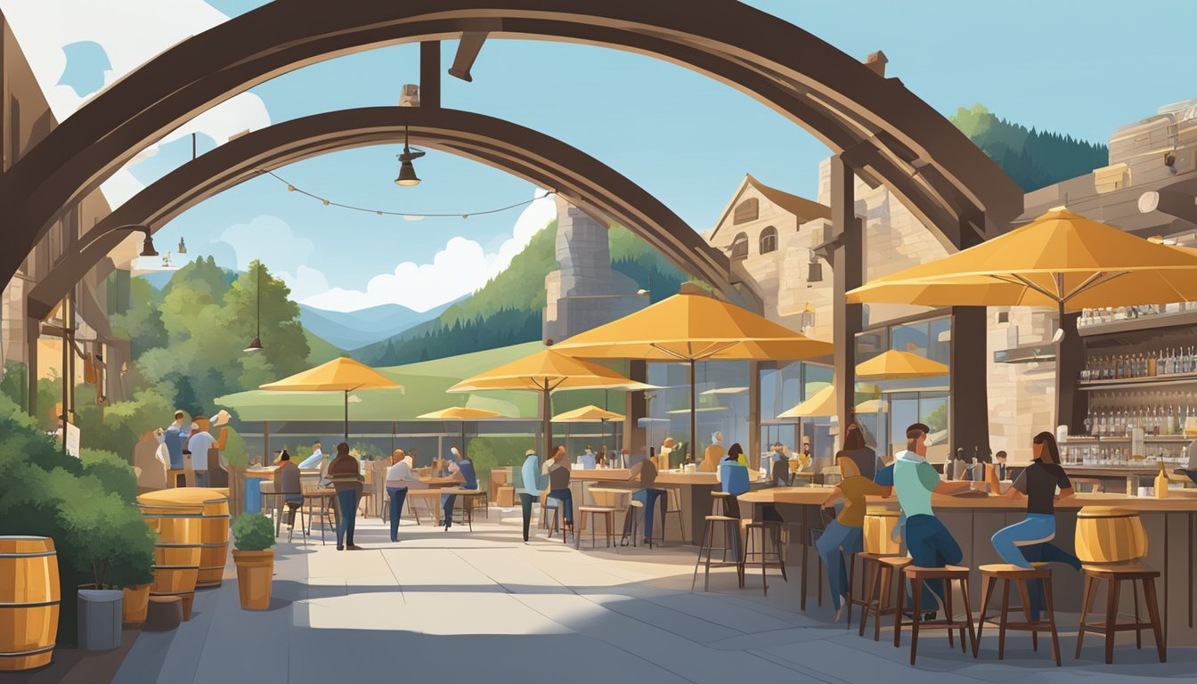 A bustling brewery scene with unique architecture and outdoor seating, surrounded by rolling hills and a clear blue sky