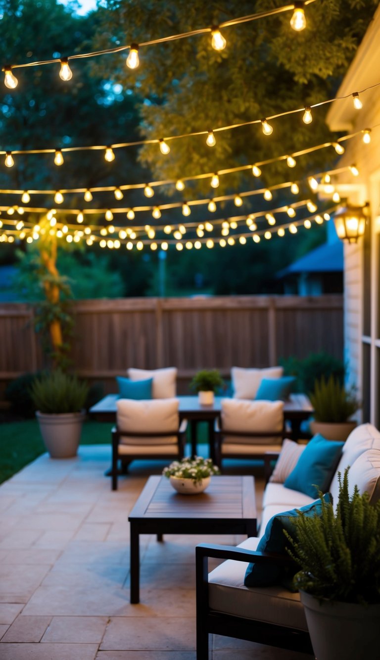 A backyard patio adorned with smart app-controlled string lights, illuminating the space with a warm and inviting glow