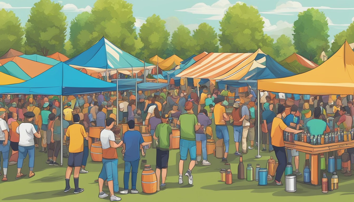 A bustling craft beer festival in Brownsville, TX, with rows of colorful taps and beer samples, surrounded by enthusiastic beer enthusiasts