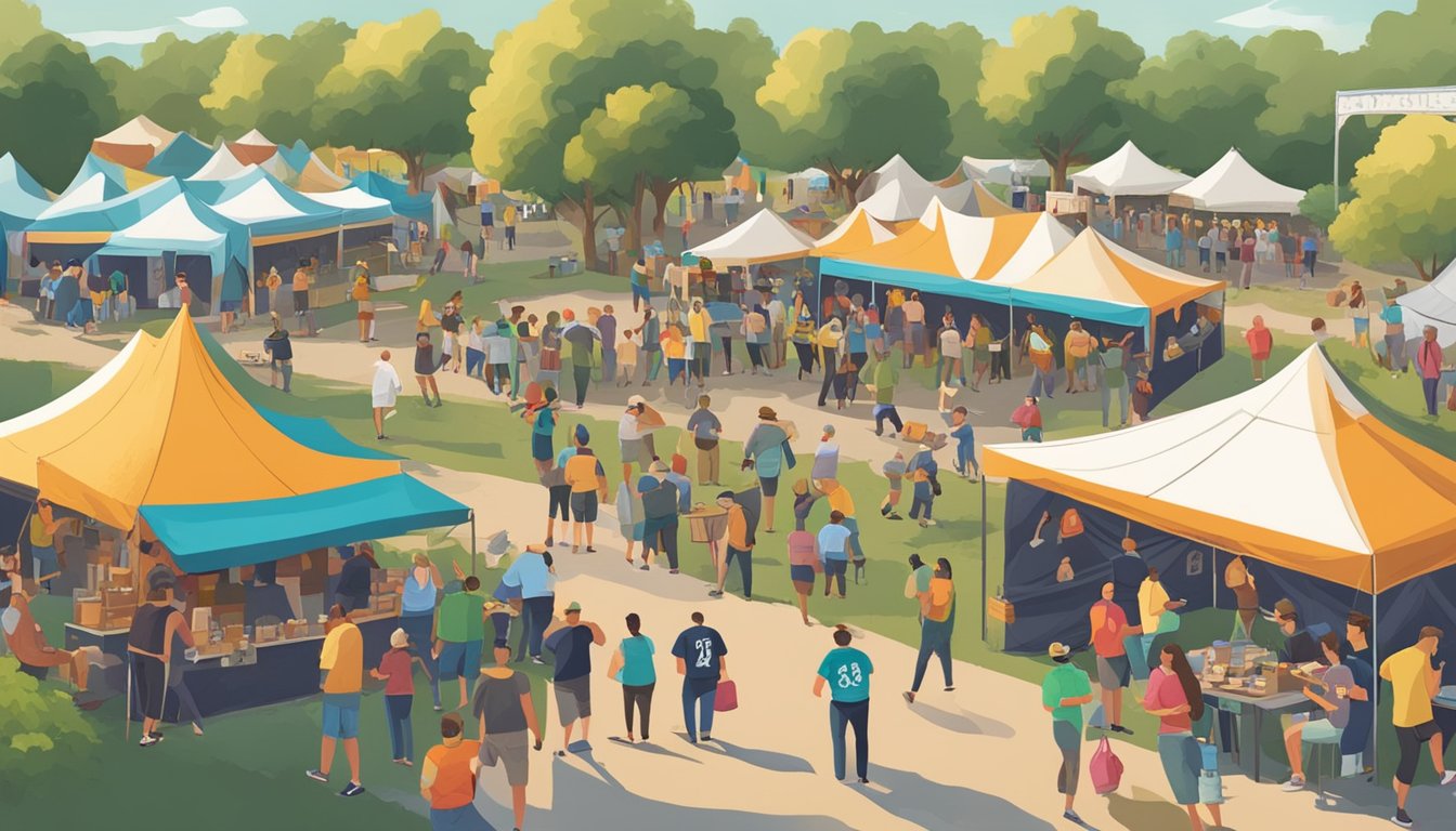 A bustling craft beer festival in Brownsville, TX, with colorful tents, live music, and people enjoying a variety of local brews