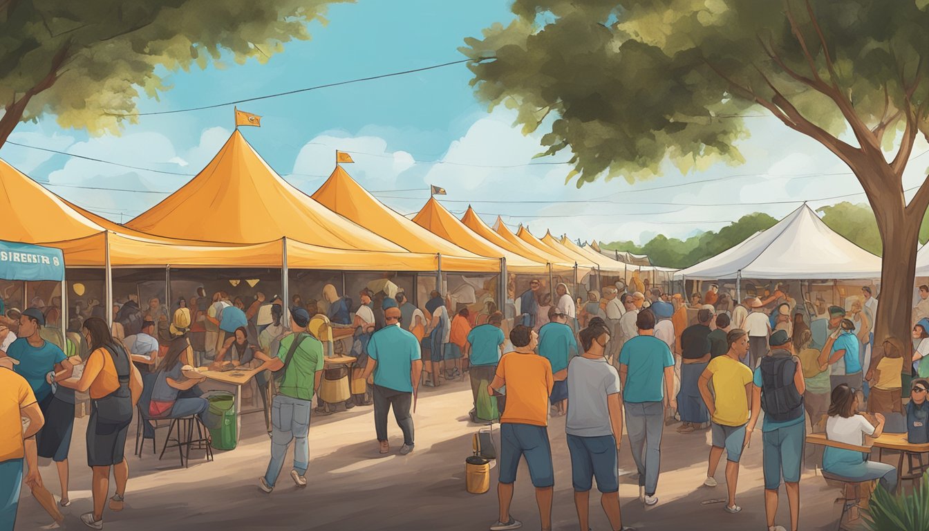 A bustling craft beer festival in Brownsville, TX, with a variety of local breweries showcasing their unique brews under vibrant tents