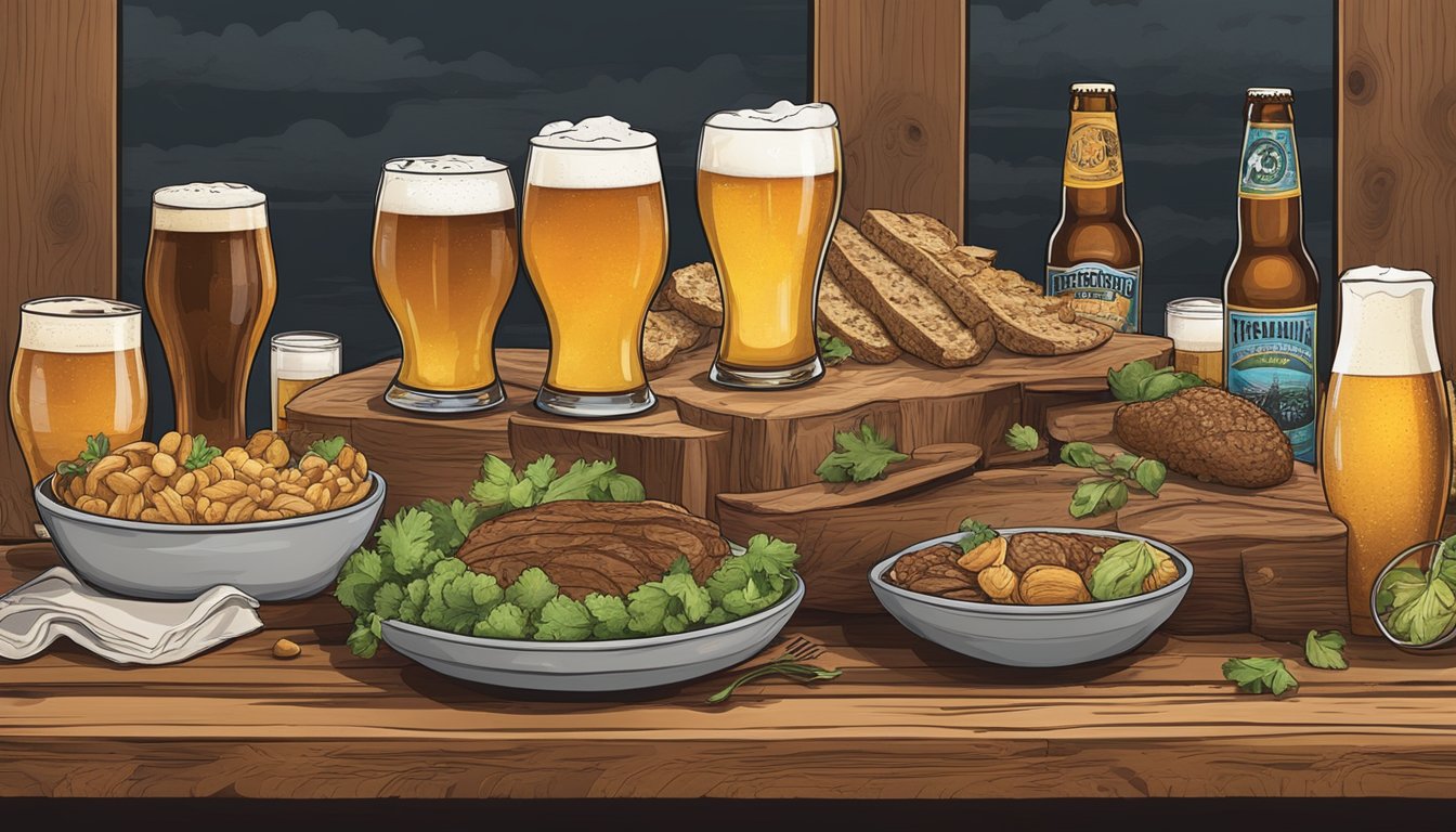 A rustic wooden table adorned with an array of local craft beers and gourmet food pairings, set against the backdrop of Sioux Falls, South Dakota