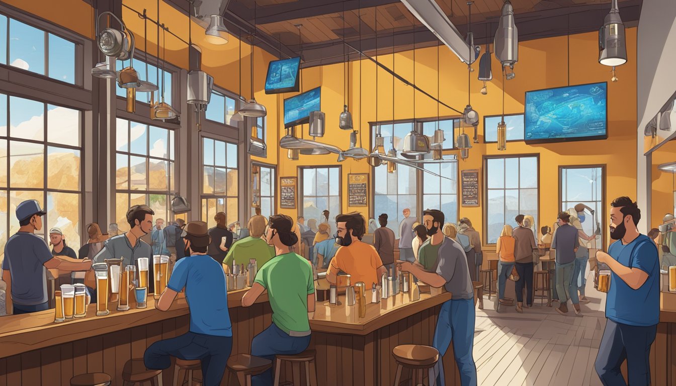 A bustling taproom with patrons enjoying flights of craft beer, surrounded by stainless steel brewing equipment and colorful beer labels on the walls