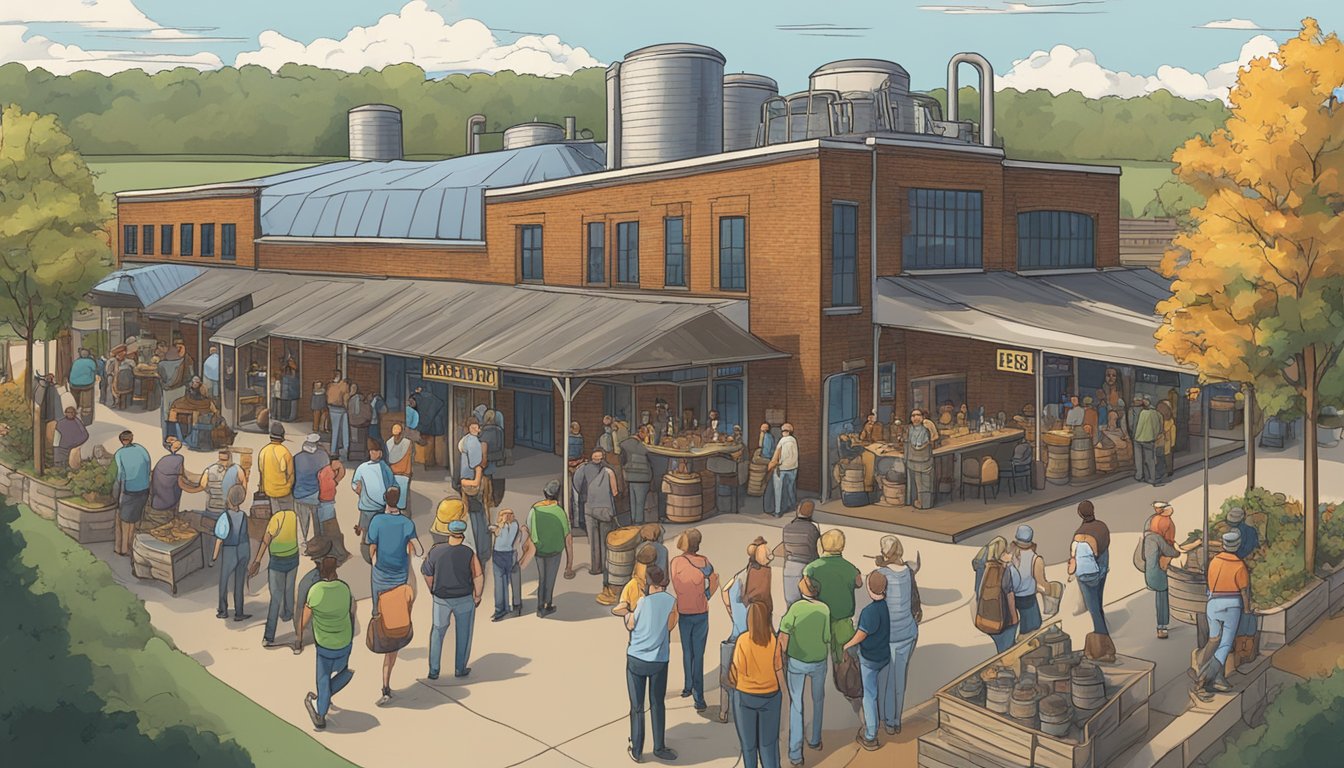 A bustling brewery with visitors on tours, tasting local craft beers, and enjoying events in Murfreesboro, TN