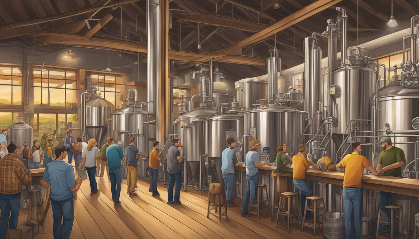 A bustling brewery scene with various beer brewing techniques on display, showcasing the diverse range of local craft beer varieties in Murfreesboro, TN