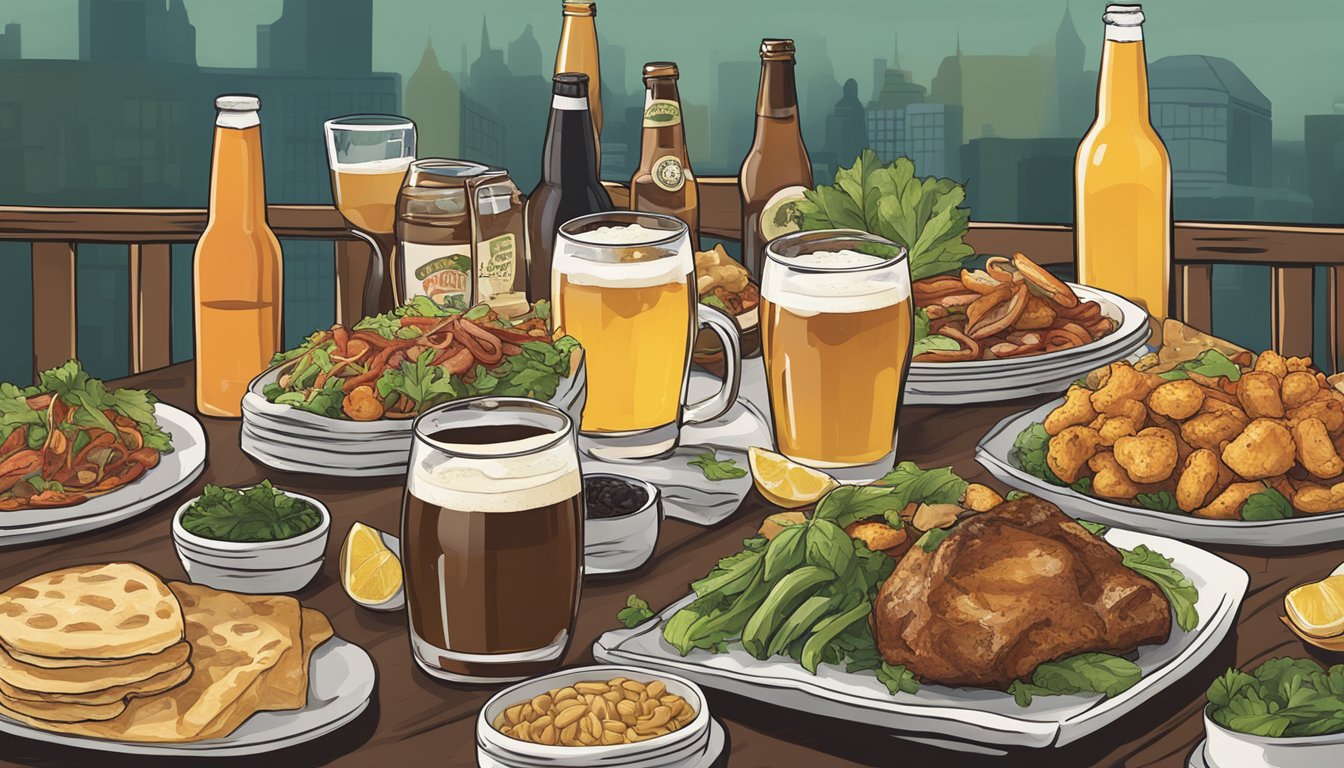 A table set with a variety of Murfreesboro cuisine dishes alongside a selection of local craft beers, creating a vibrant and inviting scene for an illustrator to recreate