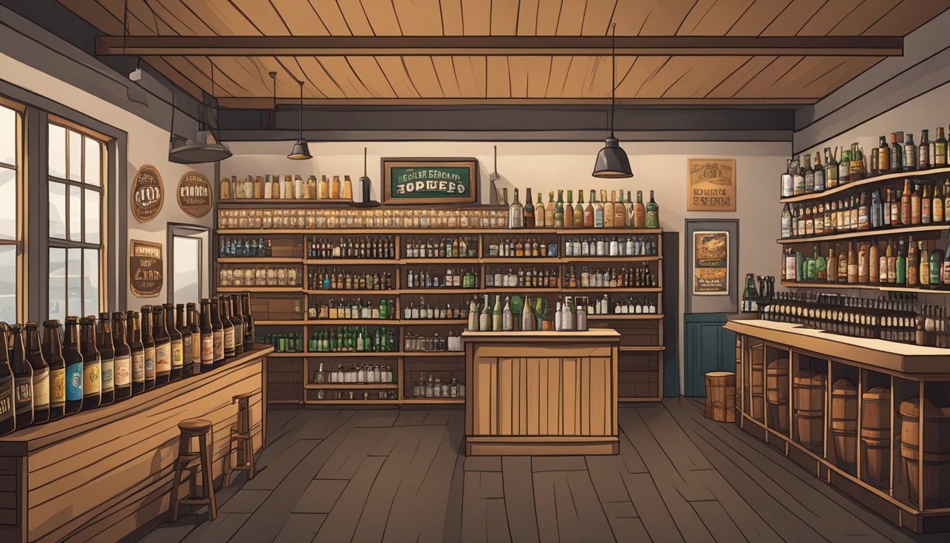 A cozy bottle shop with shelves of craft beer, a tasting bar, and local brewery posters on the walls