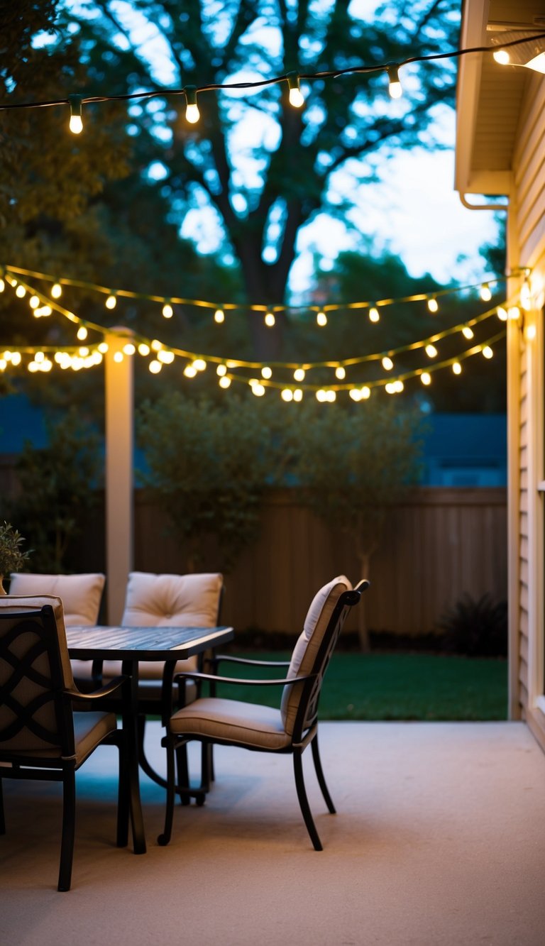 A backyard patio adorned with Battery Fairy String Lights, casting a warm and enchanting glow over the outdoor space
