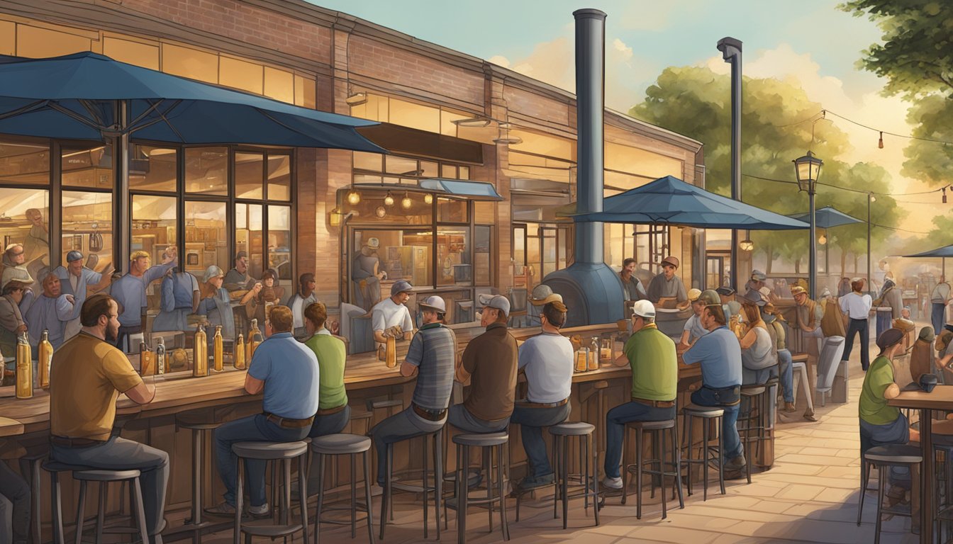 A bustling brewery scene with outdoor seating, beer taps, and a lively atmosphere in Conroe, TX