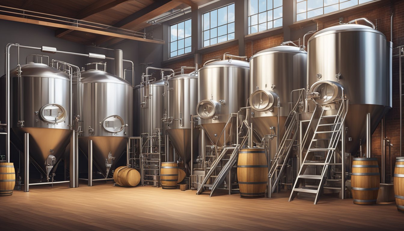 A bustling craft brewery with stainless steel tanks, wooden barrels, and a variety of hops and grains on display