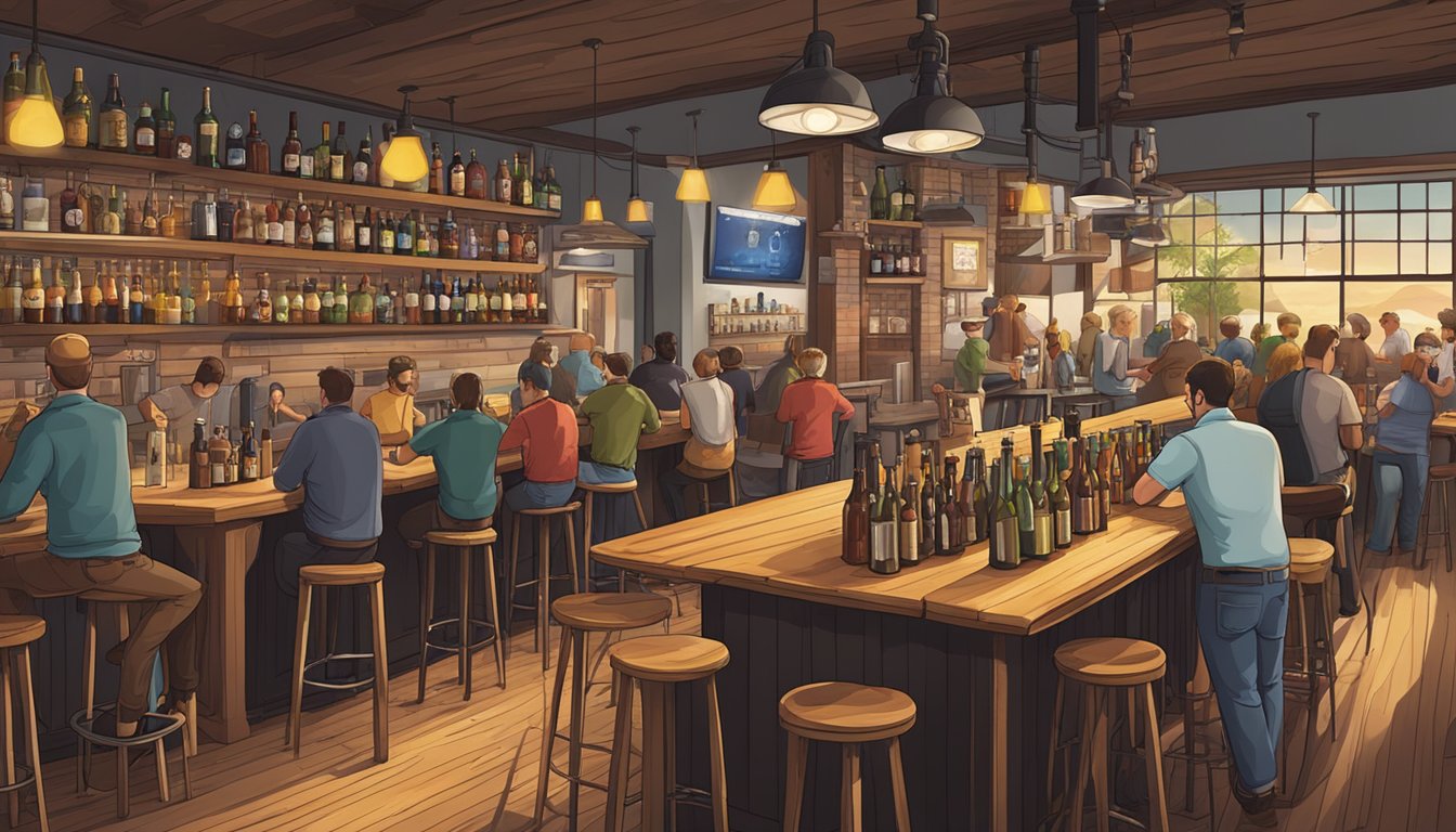 A bustling taproom with a variety of craft beer taps, wooden tables, and patrons enjoying the lively atmosphere