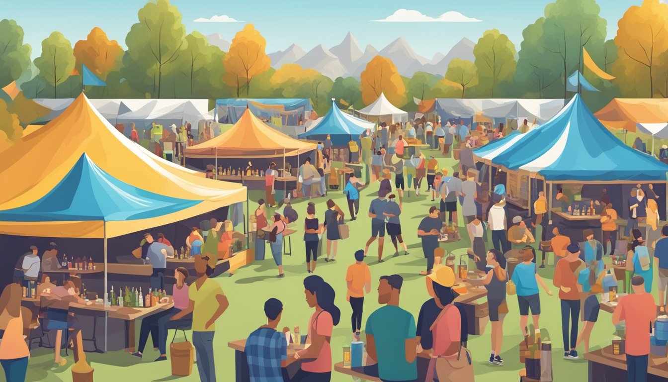 A bustling craft beer festival with colorful tents, live music, and people sampling various brews. Tables are adorned with unique beer glasses and snacks