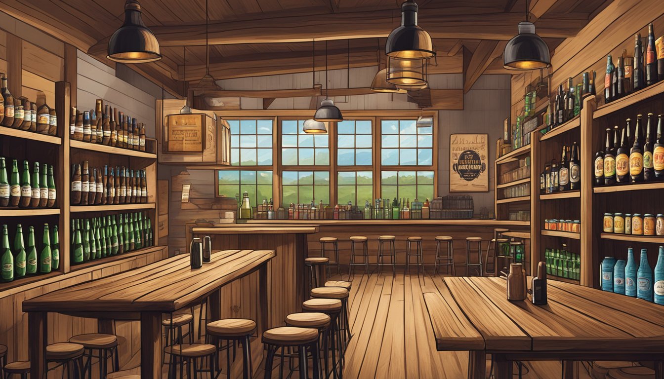 A cozy brewery in Conroe, TX with rustic decor, wooden tables, and shelves lined with various local craft beer bottles and cans