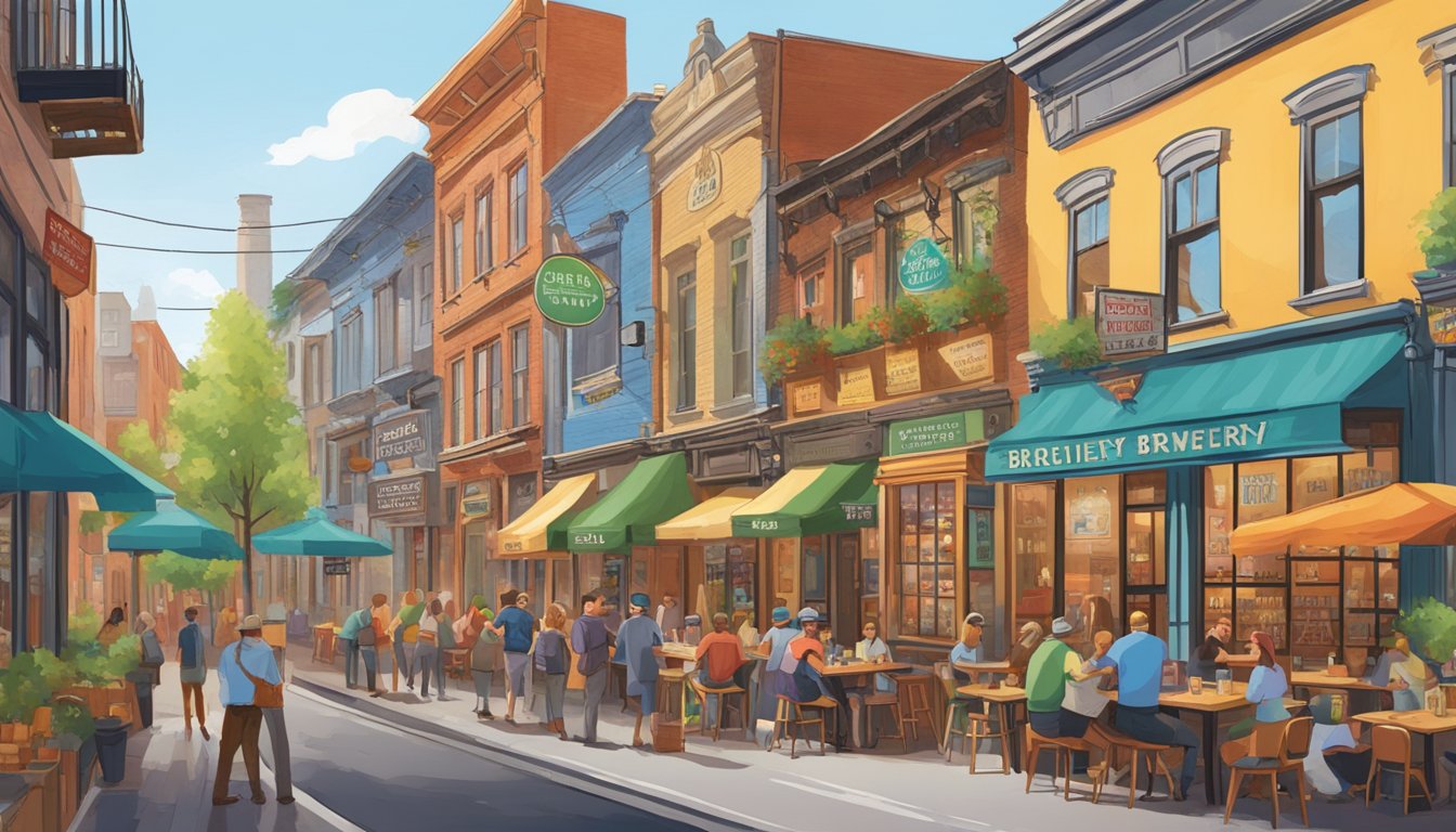 A bustling street lined with colorful storefronts, each adorned with unique brewery signs. Patrons chat and sip beer at outdoor tables