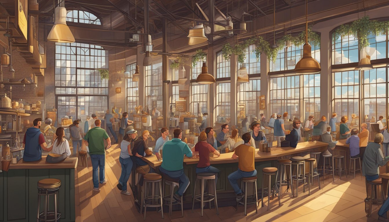 A bustling brewery scene with patrons enjoying craft beer, food, and lively conversation. Industrial decor and large windows showcase the brewing process