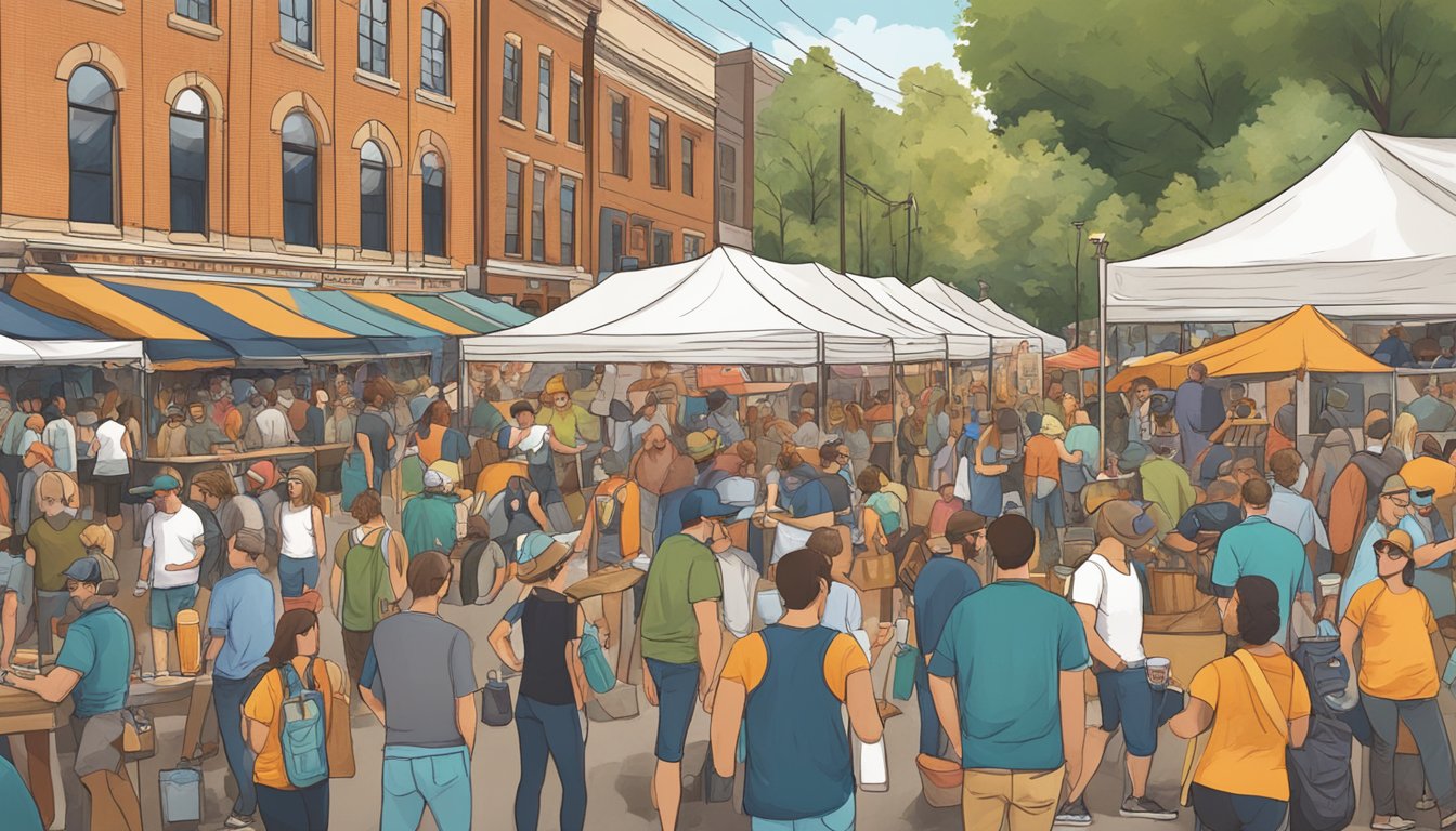 A bustling craft beer festival in Knoxville, TN, with vendors, live music, and enthusiastic community engagement