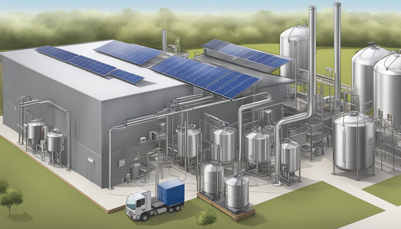 A brewery in Conroe, TX with solar panels, recycling bins, and a water conservation system