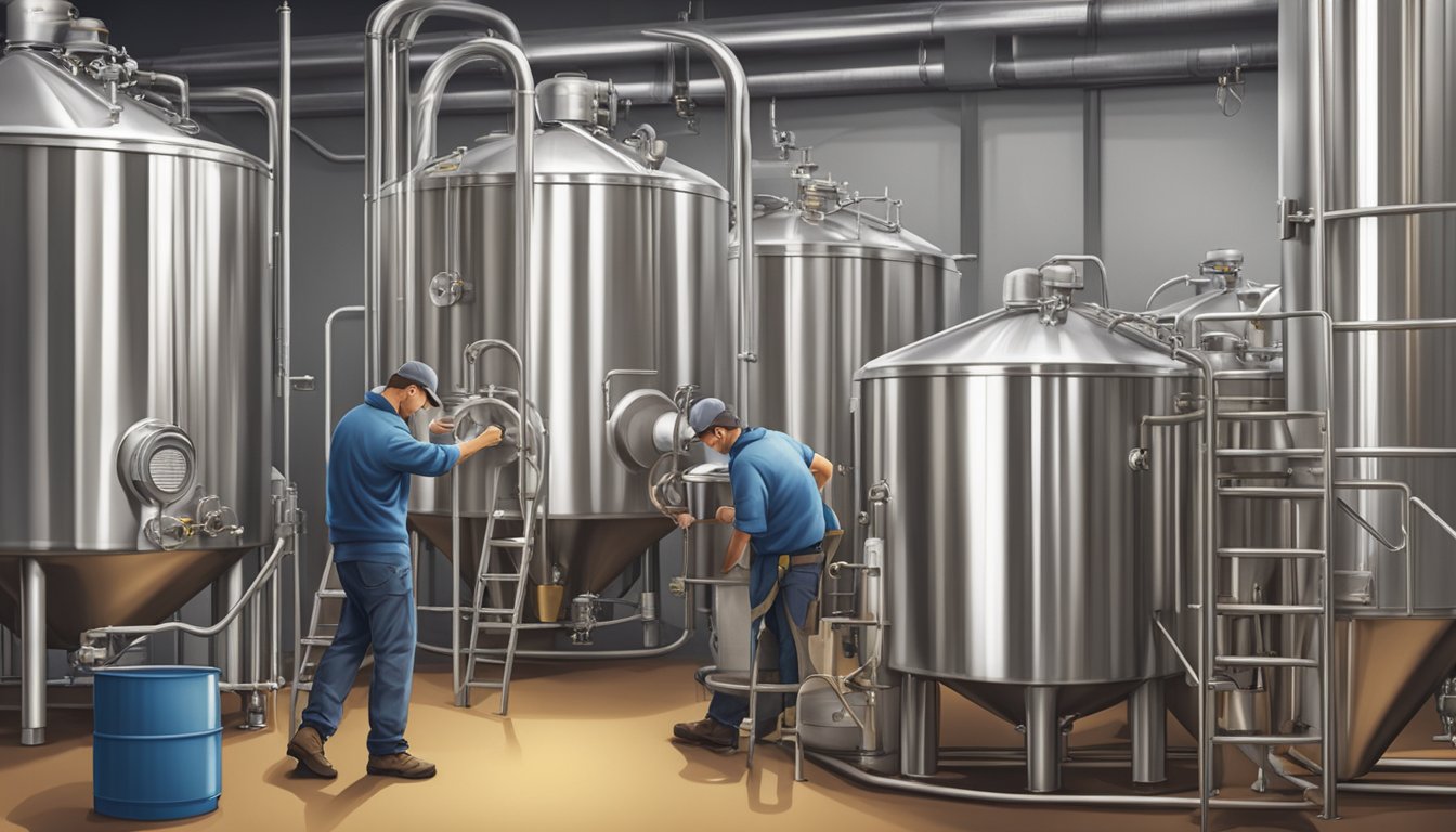 A brewery worker carefully pours hops into a large stainless steel brewing tank, surrounded by bags of malt and brewing equipment