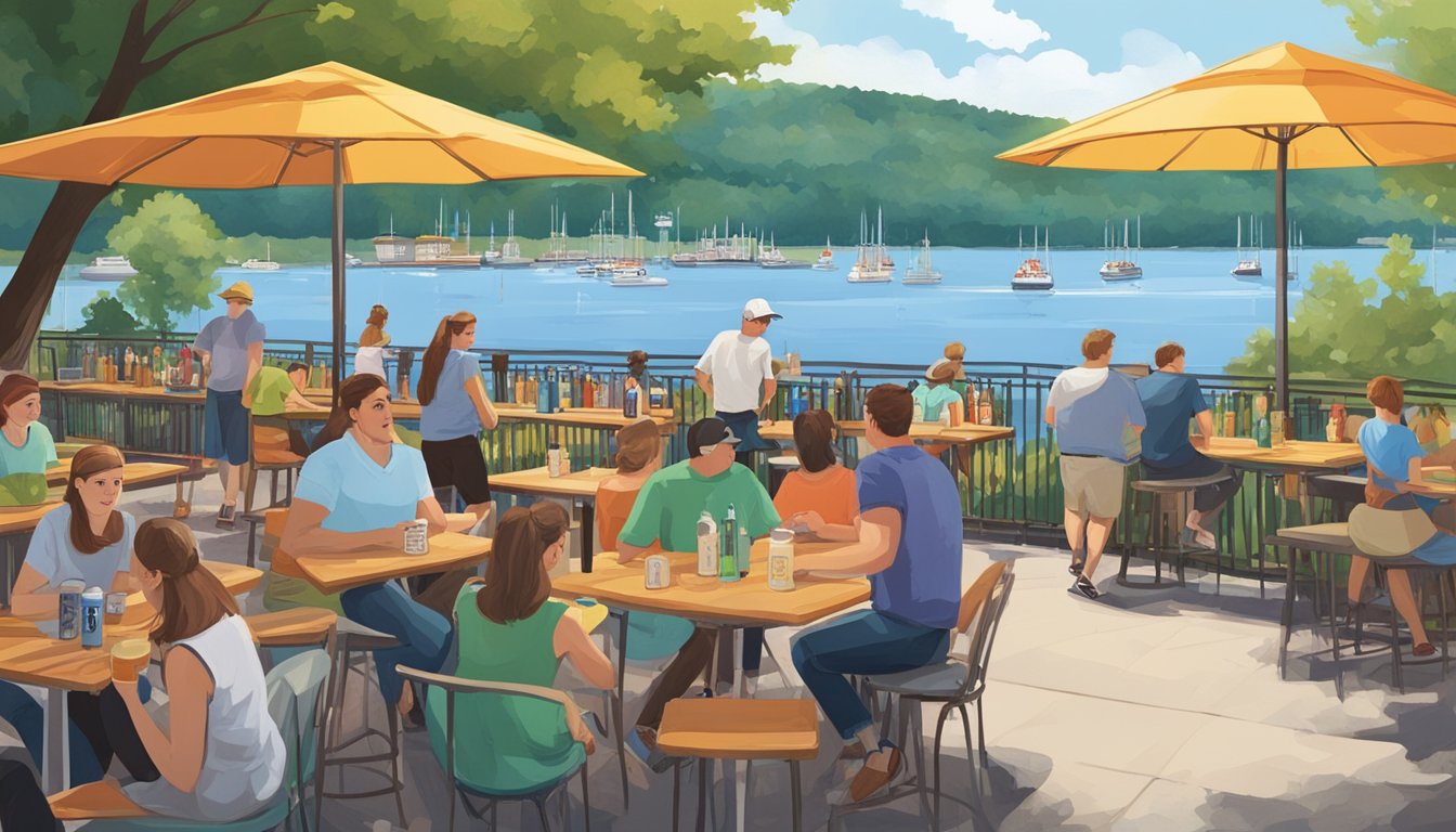 A bustling outdoor beer garden with colorful umbrellas, picnic tables, and a view of the Tennessee River. Nearby, a brewery's outdoor seating area is filled with patrons enjoying craft beer