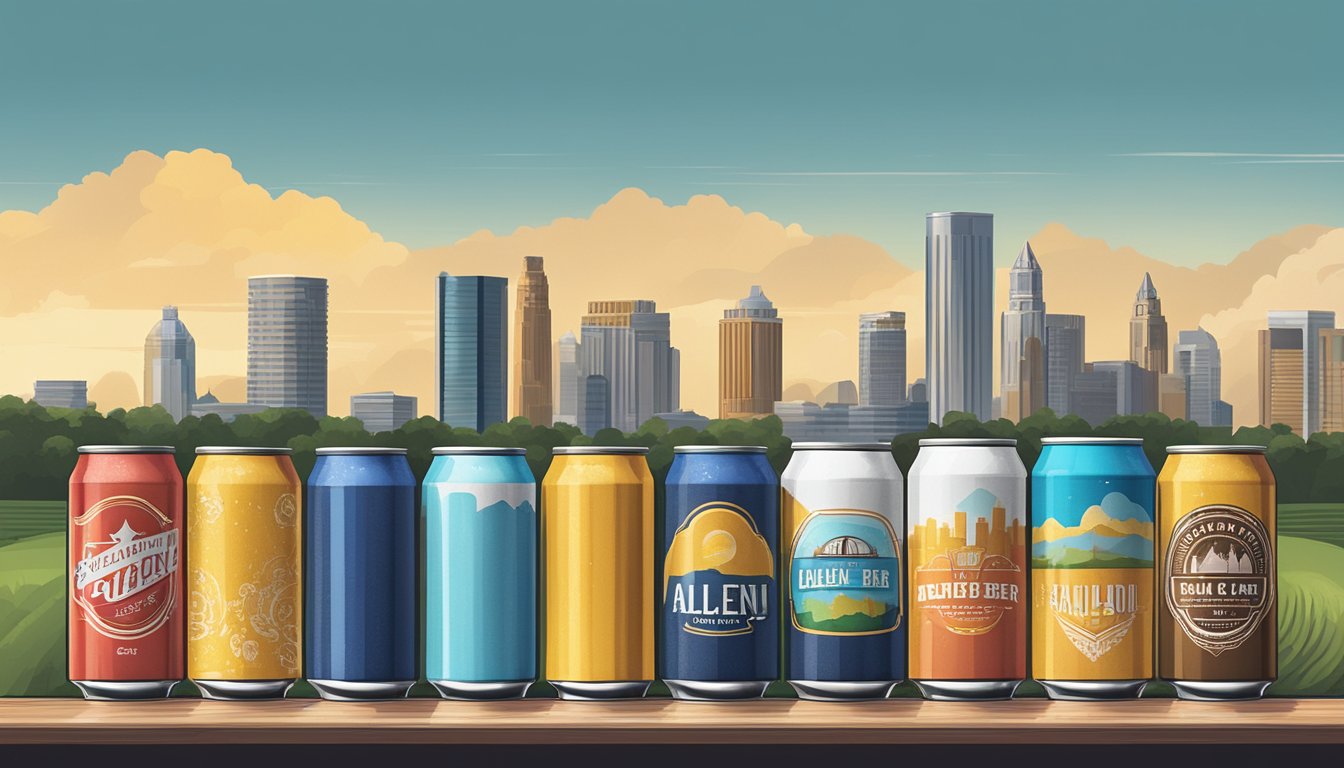 A row of colorful craft beer cans and bottles on display, with a backdrop of the Allen, TX skyline