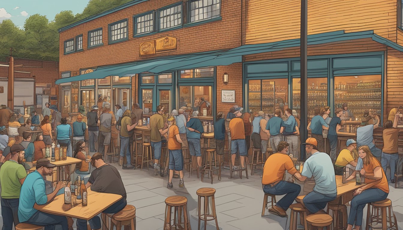 A bustling local craft brewery scene in Knoxville, TN, with patrons enjoying pints at outdoor tables, while others browse shelves of bottled beer inside