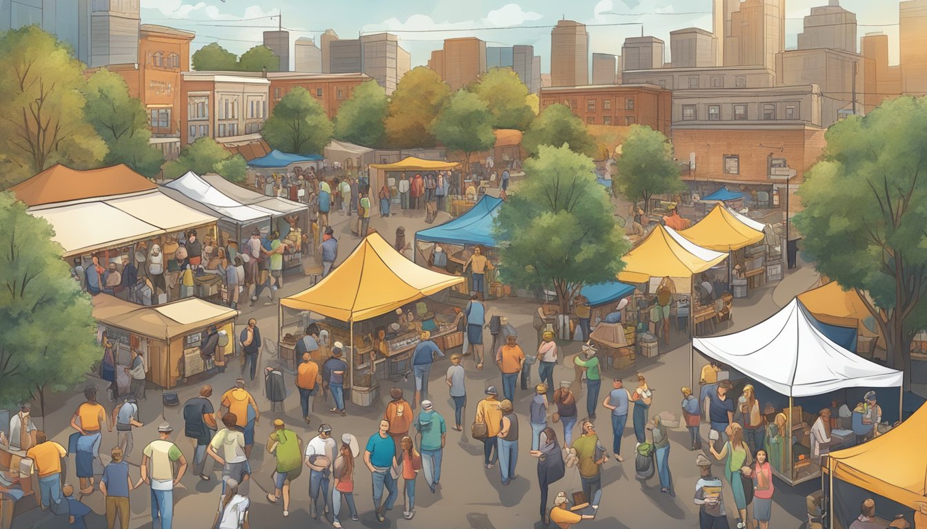 A bustling local craft beer festival with vendors, live music, and community members enjoying the lively atmosphere